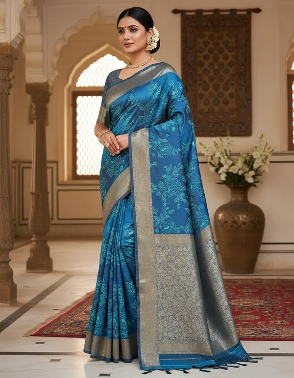Teal_Blue_Organza_Banarasi_Chikankari_Saree_For_Women