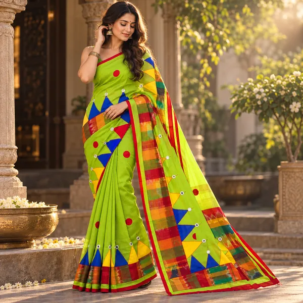 Parrot_Green_Khadi_Cotton_Applique_Work_Saree_For_Women