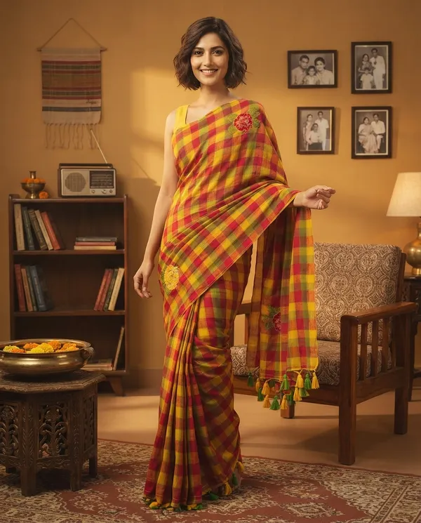 Red_Yellow_Pure_Mul_Cotton_Check_Embroidery_Saree_For_Women