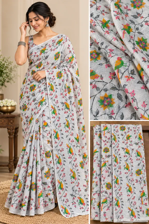 White_Gray_Cotton_Linen_Handloom_Saree_For_Women