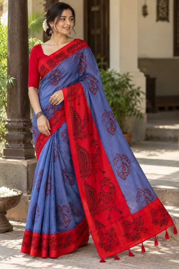 Blue_Red_South_Cotton_Hand_Painted_Mirror_Work_Saree_For_Women