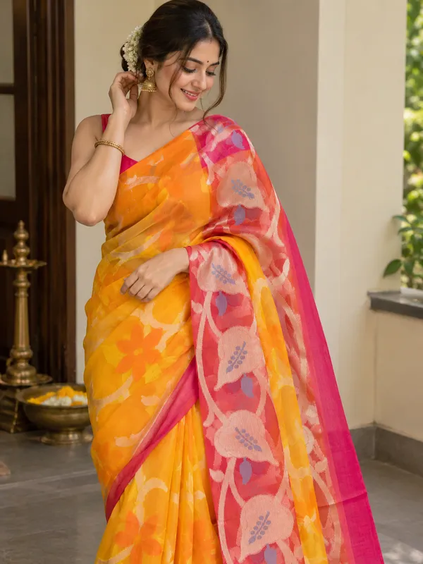 Turmeric_Yellow_Muslin_Silk_Zari_Work_Saree_For_Women