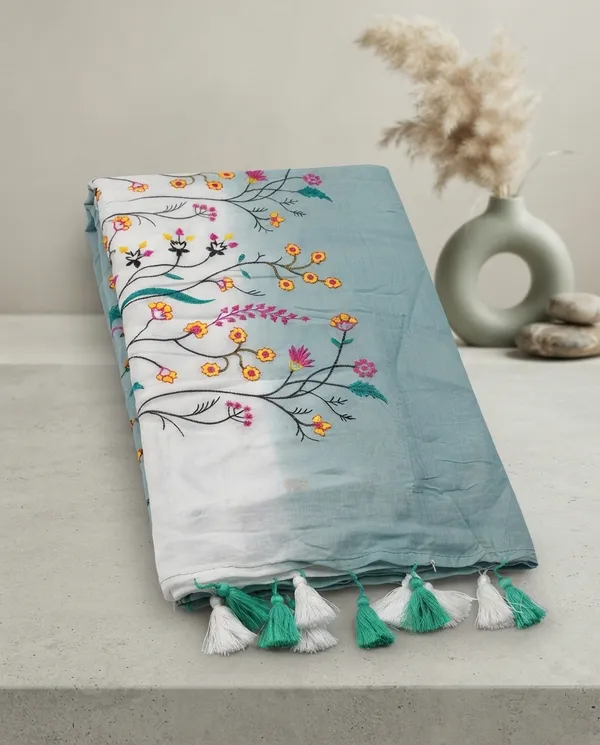 White_Blue_Pure_Mul_Cotton_Two-Tone_Embroidery_Saree_For_Women