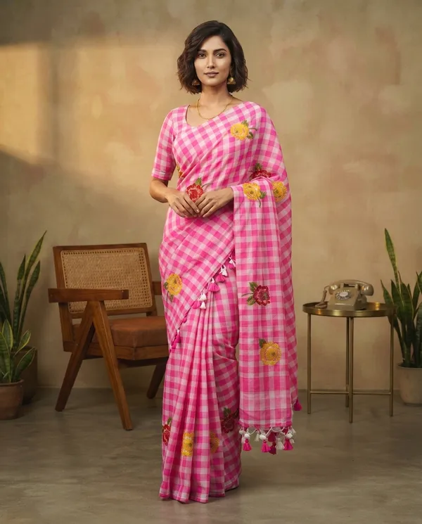 Pink_Pure_Mul_Cotton_Check_Embroidery_Saree_For_Women