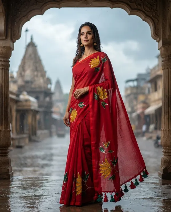 Red_Pure_Mul_Cotton_Lotus_Embroidery_Saree_For_Women