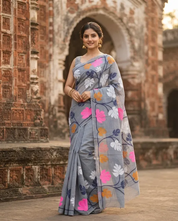 Gray_Handloom_Soft_Cotton_Floral_Saree_For_Women