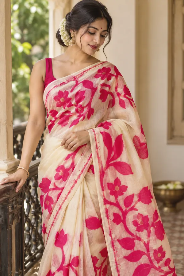 Cream_Handloom_Soft_Cotton_Floral_Saree_For_Women