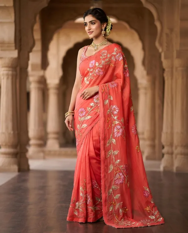 Orange_Pure_Chiffon_Hand_Painted_Katdana_Saree_For_Women