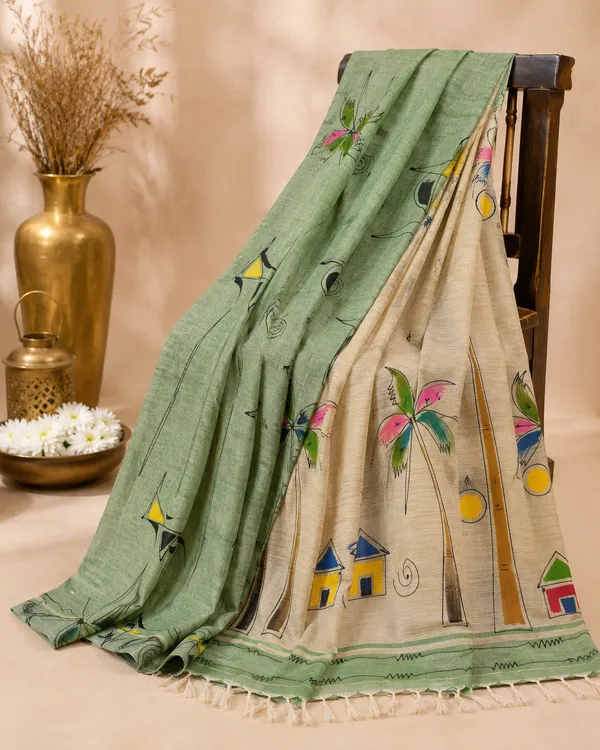 Green_Cream_Pure_Khadi_Cotton_Handloom_Hand_Painted_Saree_For_Women