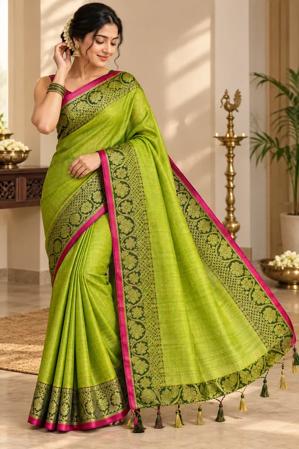 Parrot_Green_Tissue_Cotton_Zari_Border_Saree_For_Women