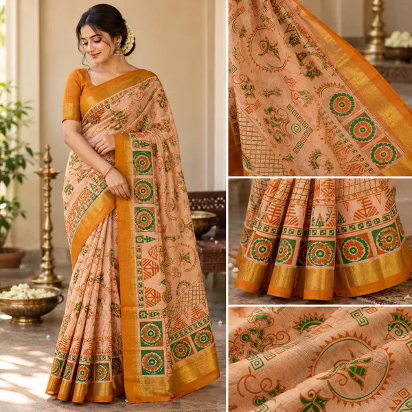 Beige_And_Green_South_Soft_Cotton_Saree_For_Women
