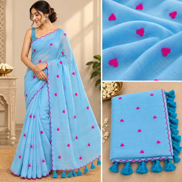 Sky_Blue_Mul_Cotton_Heart_Embroidery_Saree_For_Women