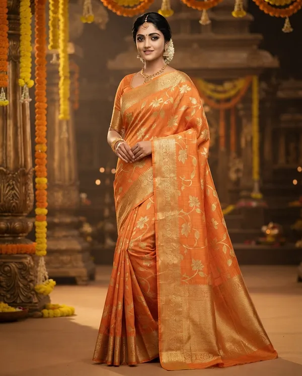 Orange_Cotton_Linen_Banarasi_Golden_Zari_Saree_For_Women