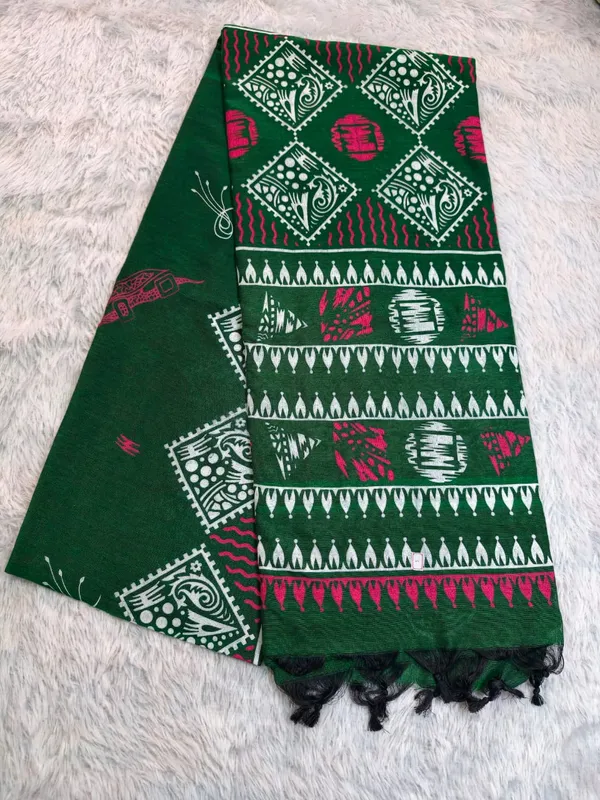 Bottle_Green_Khadi_Cotton_Hand_Painted_Saree_For_Women