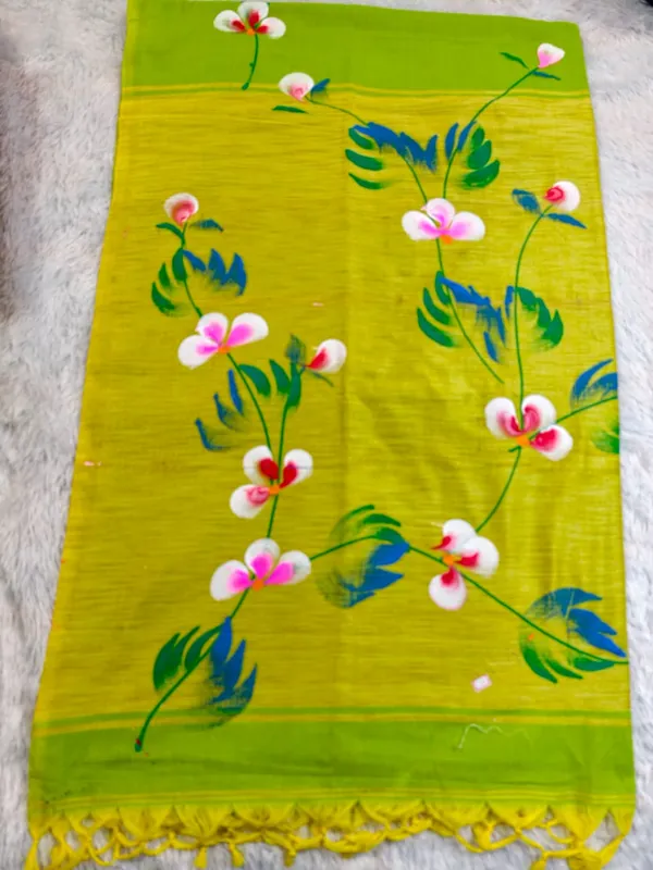 Parrot_Green_Khadi_Cotton_Hand_Painted_Saree_For_Women