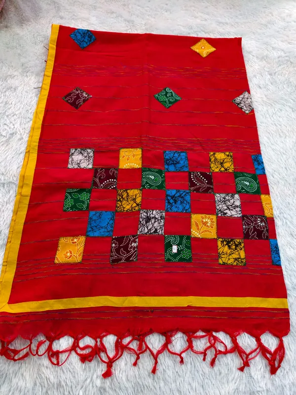 Red_Khadi_Cotton_Patchwork_Saree_For_Women