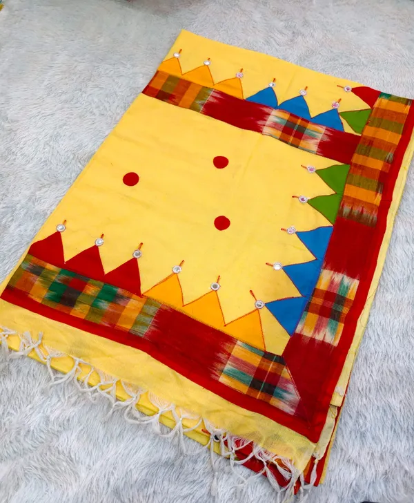 Yellow_Khadi_Cotton_Applique_Work_Saree_For_Women