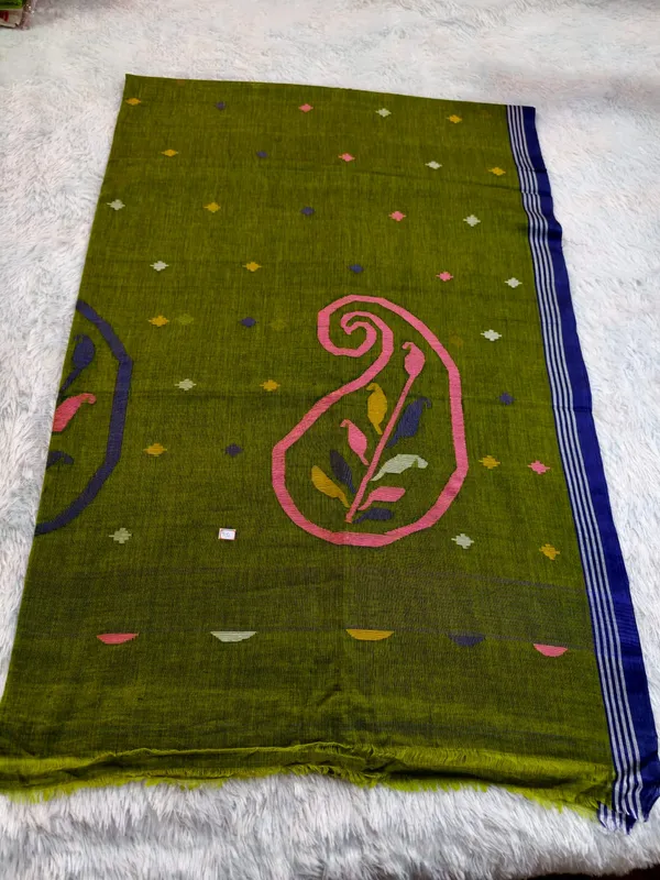 Olive_Green_Soft_Cotton_Hand_Weaving_Saree_For_Women