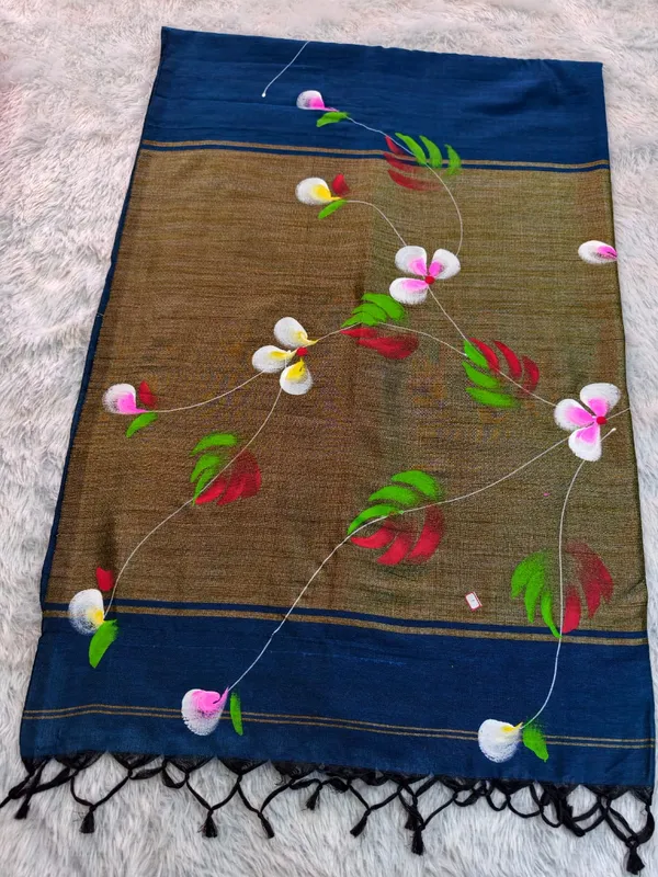 Royal_Blue_Khadi_Cotton_Floral_Hand_Painted_Saree_For_Women