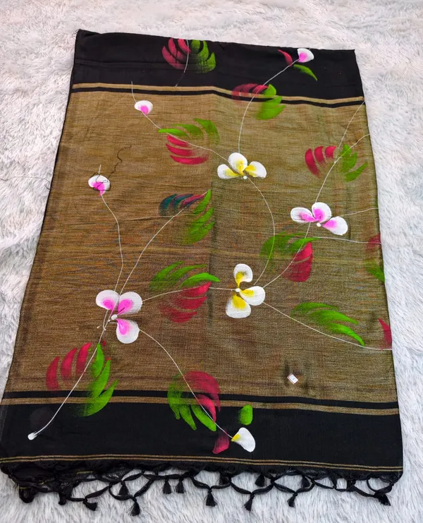 Black_Khadi_Cotton_Floral_Hand_Painted_Saree_For_Women