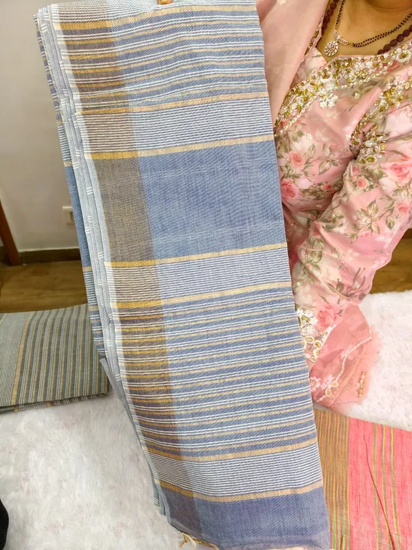 Sea_Blue_Khadi_Cotton_Zari_Strips_Saree_For_Women