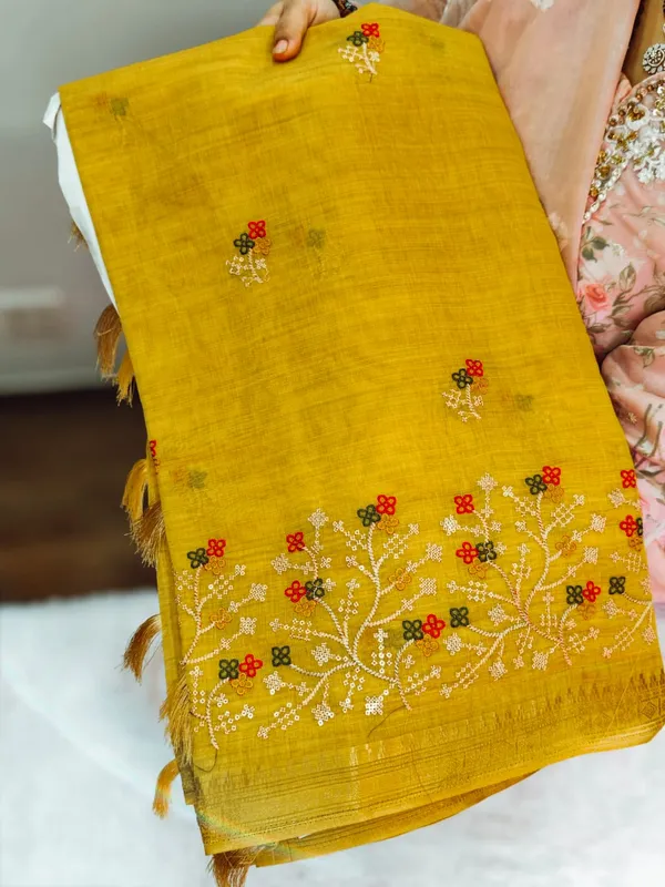 Mustard_Yellow_South_Cotton_Embroidery_Work_Saree_For_Women