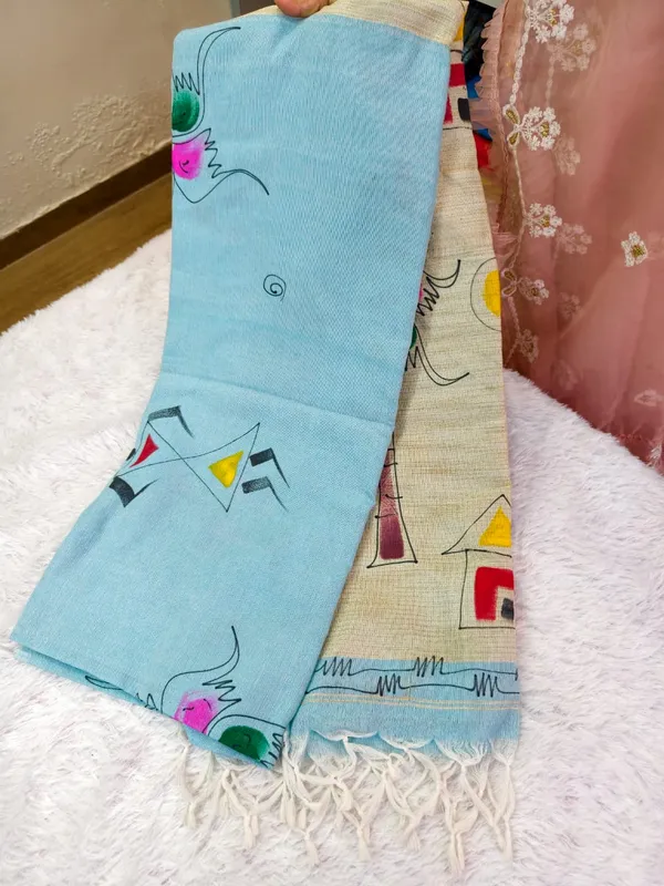 Sky_Blue_Khadi_Cotton_Hand_Painted_Saree_For_Women