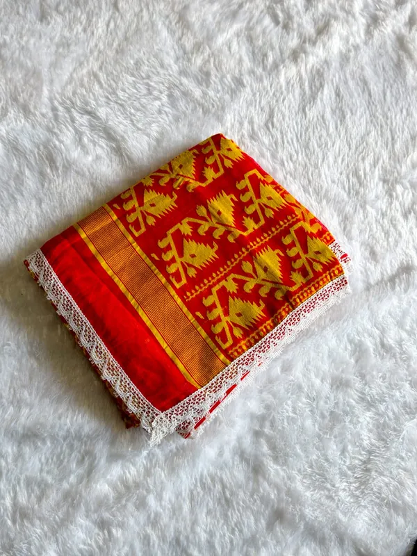 Red_And_Yellow_Soft_Cotton_Floral_Lace_Saree_For_Women