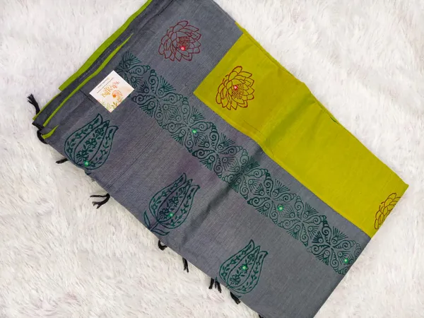 Olive_Green_And_Gray_South_Cotton_Mirror_Work_Saree_For_Women
