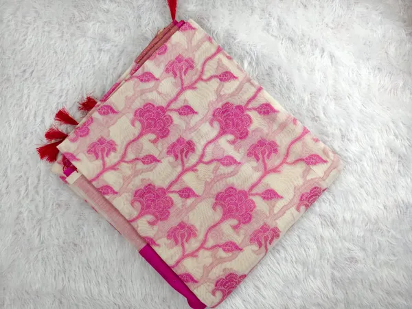 Cream_And_Pink_Soft_South_Cotton_Embroidery_Saree_For_Women