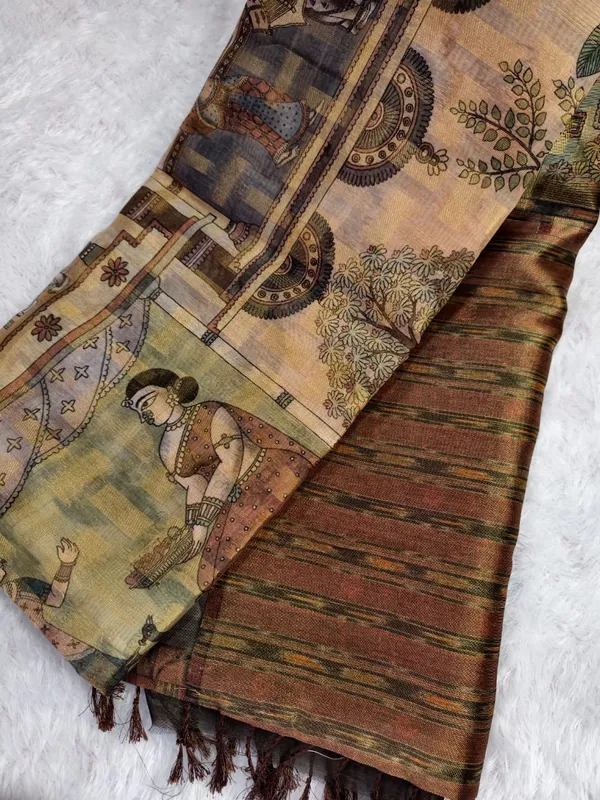 Brown_And_Golden_Chanderi_Tissue_Kalamkari_Print_Saree_For_Women