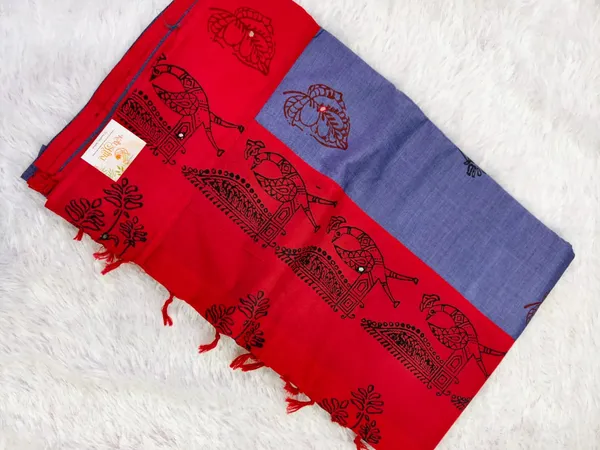 Blue_Red_South_Cotton_Hand_Painted_Mirror_Work_Saree_For_Women