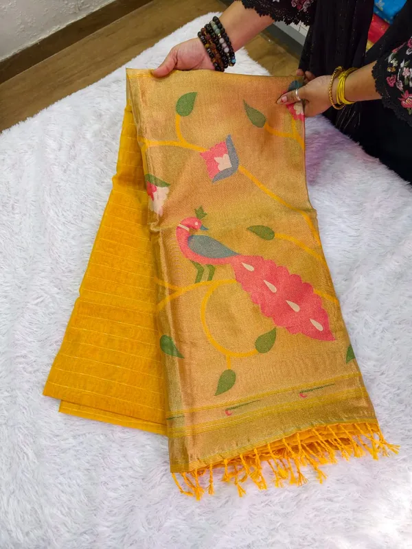 Yellow_Jamdani_Cotton_Paithani_Pallu_Saree_For_Women