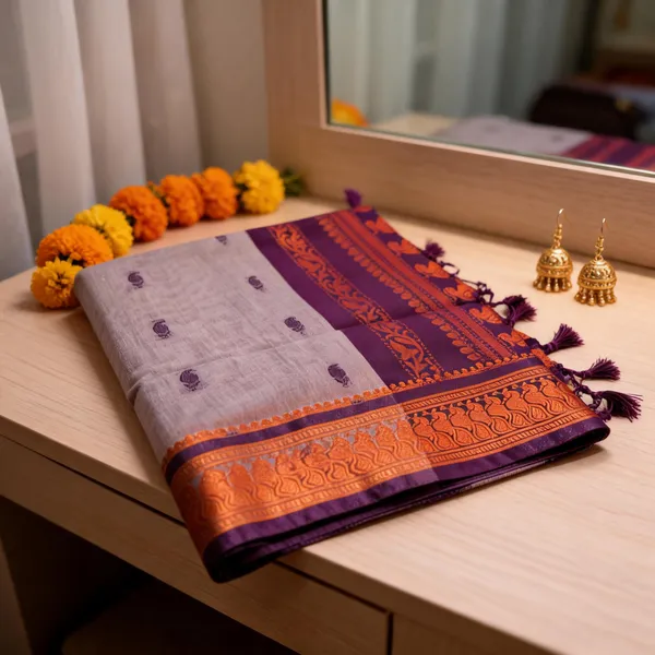 Light_Purple_Gadwal_Cotton_Copper_Zari_Border_Saree_For_Women
