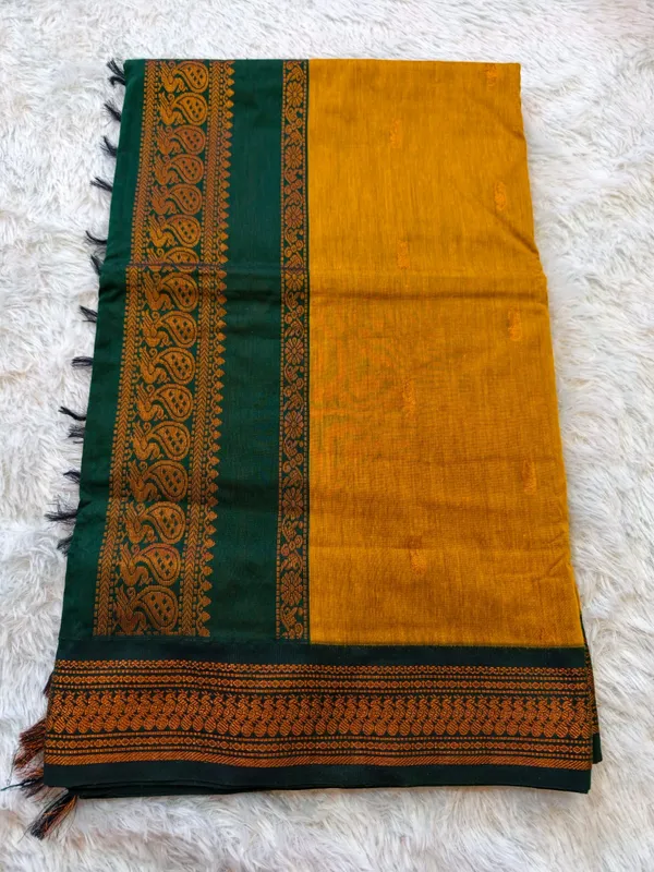 Mustard_Yellow_Gadwal_Cotton_Golden_Zari_Border_Saree_For_Women