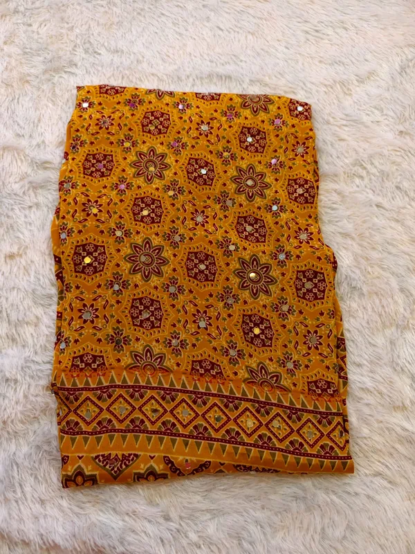 Yellow_Crape_Silk_Ajrakh_Print_Mirror_Work_Saree_For_Women