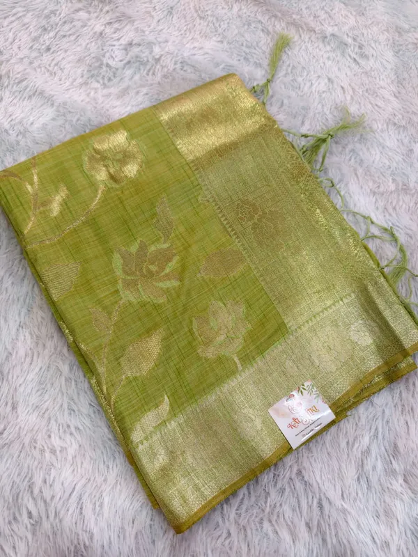 Parrot_Green_Banarasi_Linen_Golden_Zari_Work_Saree_For_Women