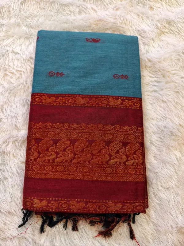 Teal_Blue_Cotton_Gadwal_Copper_Zari_Border_Saree_For_Women