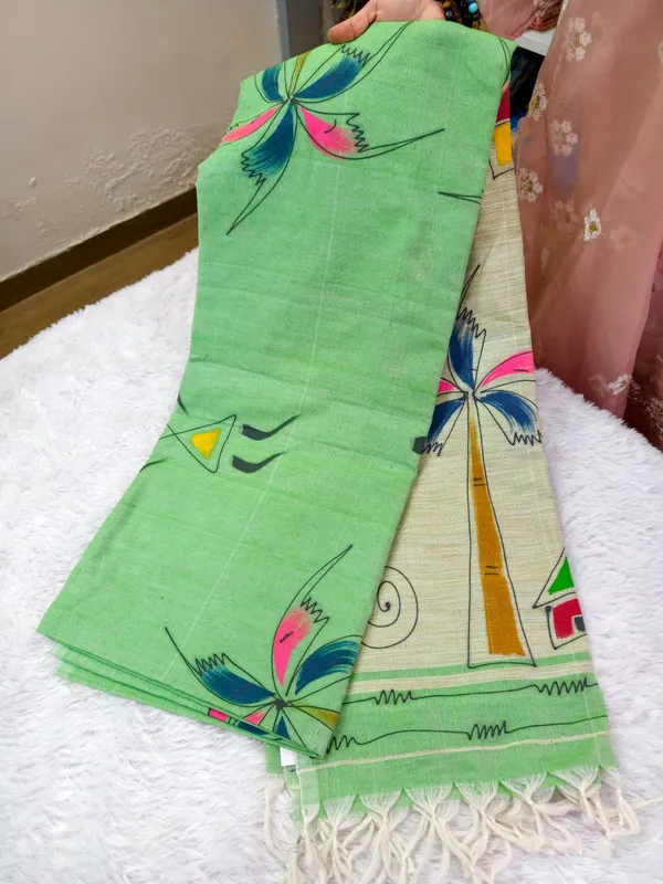 Pista_Green_Handloom_Khadi_Cotton_Hand_Painted_Saree_For_Women