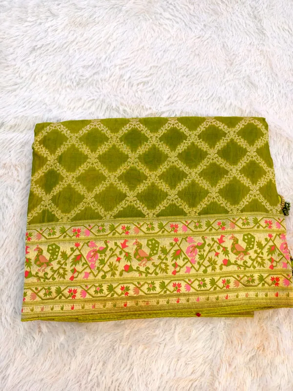 Olive_Green_Pure_Gadchola_Floral_Zari_Work_Saree_For_Women