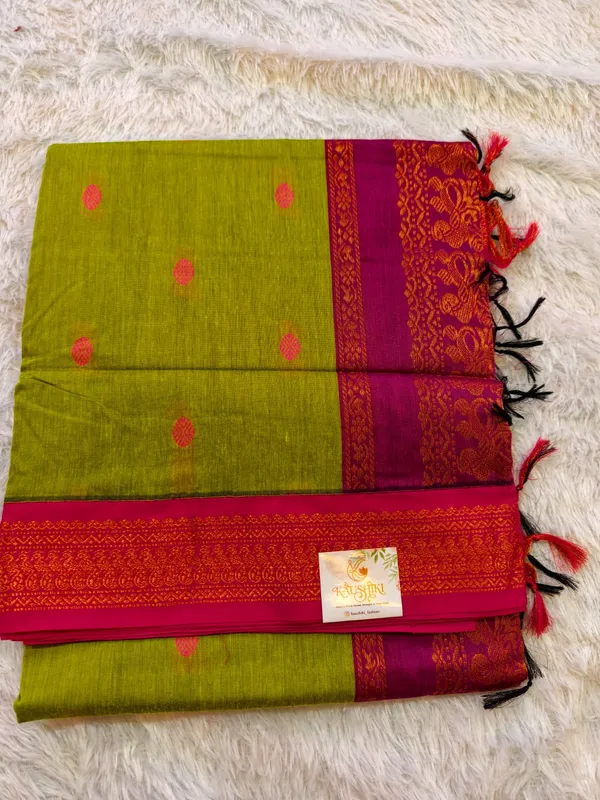Olive_Green_Pure_Gadwal_Cotton_Zari_Border_Saree_For_Women