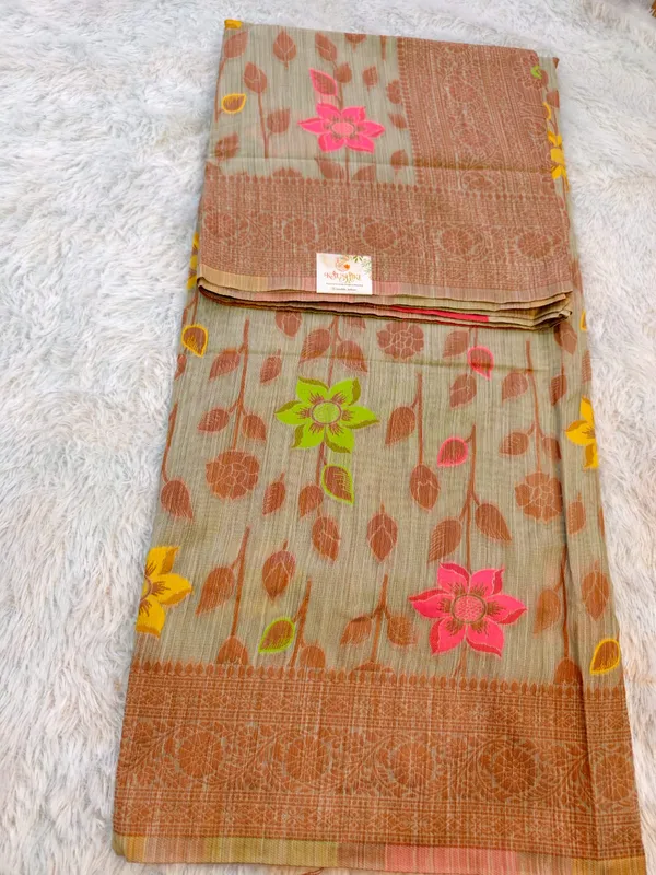Earthy_Brown_Cotton_Linen_Floral_Leafy_Print_Saree_For_Women