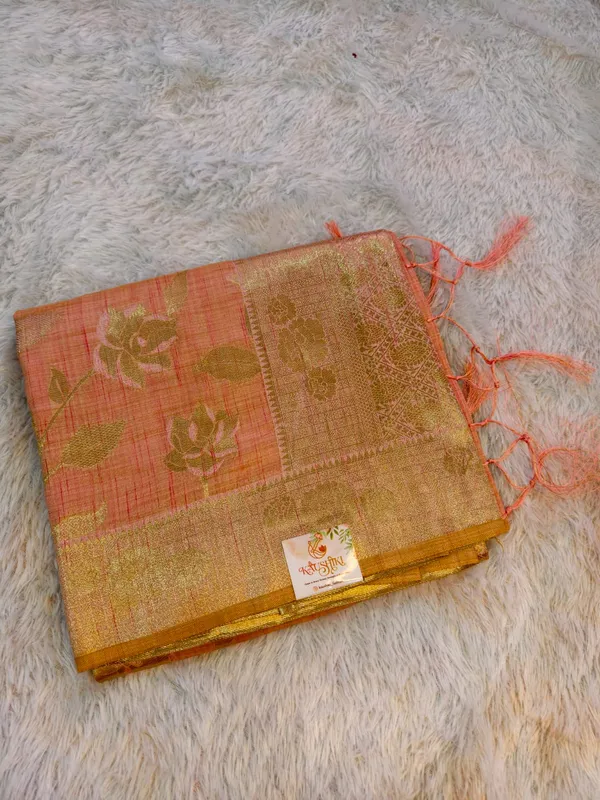 Peach_Pink_Cotton_Linen_Banarasi_Golden_Zari_Saree_For_Women