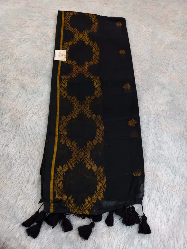 Black_Handloom_Soft_Cotton_Golden_Nakshi_Border_Saree_For_Women