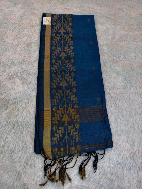 Navy_Blue_Handloom_Soft_Cotton_Golden_Nakshi_Border_Saree_For_Women
