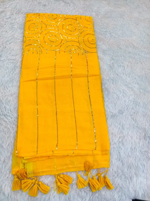 Yellow_Mul_Cotton_Sequence_Work_Saree_For_Women