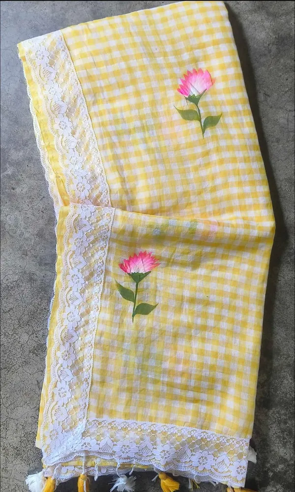 Lemon_Yellow_Pure_Mul_Cotton_Check_Print_Floral_Lace_Saree_For_Women