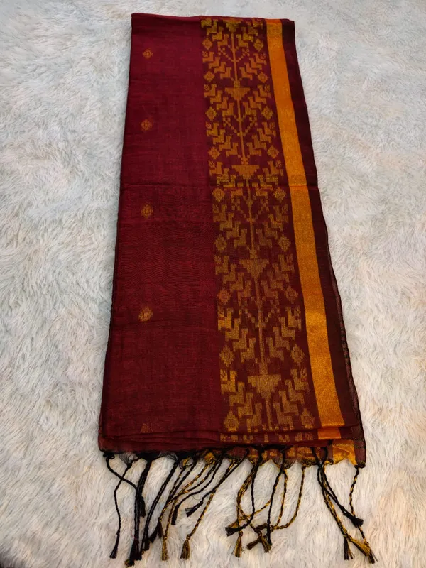 Brick_Red_Handloom_Soft_Cotton_Golden_Border_Saree_For_Women