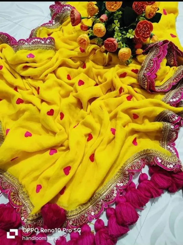 Turmeric_Yellow_Pure_Mul_Cotton_Heart_Embroidery_Sequin_Lace_Saree_For_Women