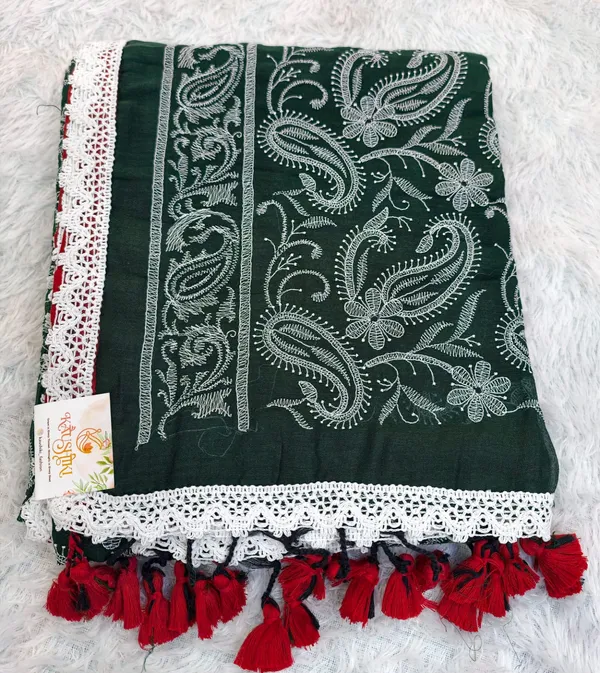 Bottle_Green_Mul_Cotton_Chikankari_Saree_For_Women